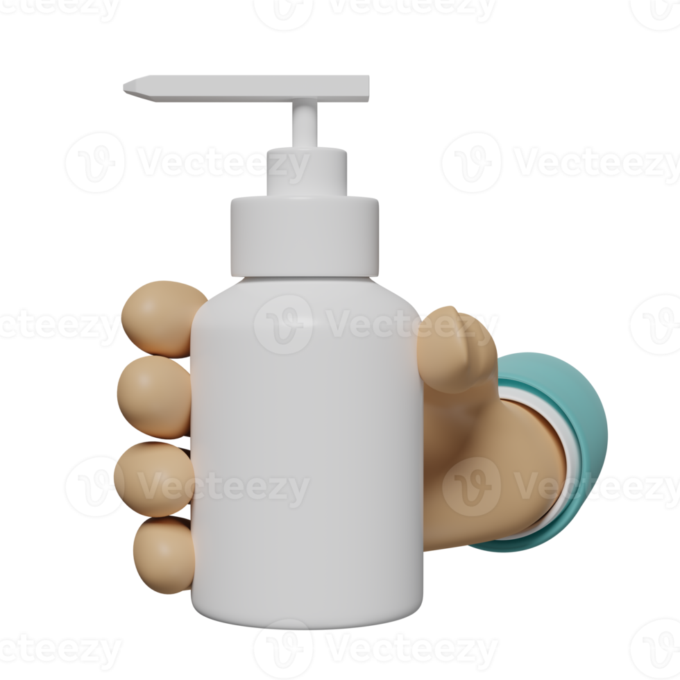 3d cosmetic lotion, foam, liquid Soap bottle, hand holding gel pump style isolated. hand sanitizer container, mock up template concept, 3d render illustration png