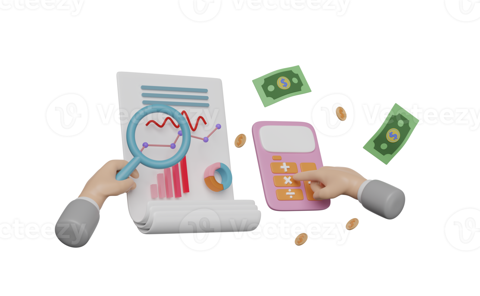 3D-Handgriff-Vergrößerung mit Klemmbrett-Checkliste, persönlichen Daten, Diagrammen, Diagrammanalyse-Geschäftsfinanzdaten, Taschenrechner, Geld-Dollar-Münze, Banknote-Geschäftsstrategie, 3D-Darstellung png