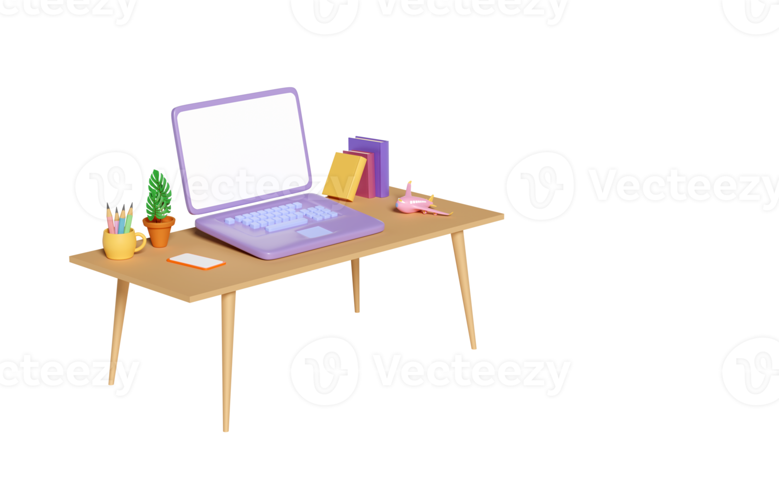 3D-Schreibtisch im Büro mit Laptop-Computer auf dem Tisch, Lehrbuch, Buch, Kaffeetasse, Flugzeug isoliert. 3D-Darstellung png