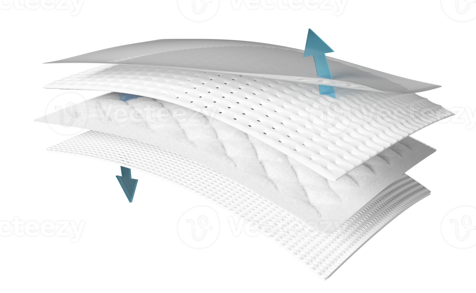 Almohadilla absorbente 3d, cabello de fibra sintética con ventilación de flecha muestra aislado. enfriamiento de soporte, concepto de adulto de pañal de bebé de película transparente, ilustración de renderizado 3d png