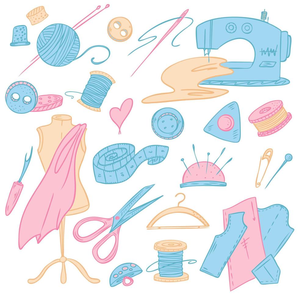 A set of sewing items. Vector illustration. Icons for fashion design, sewing and knitting.