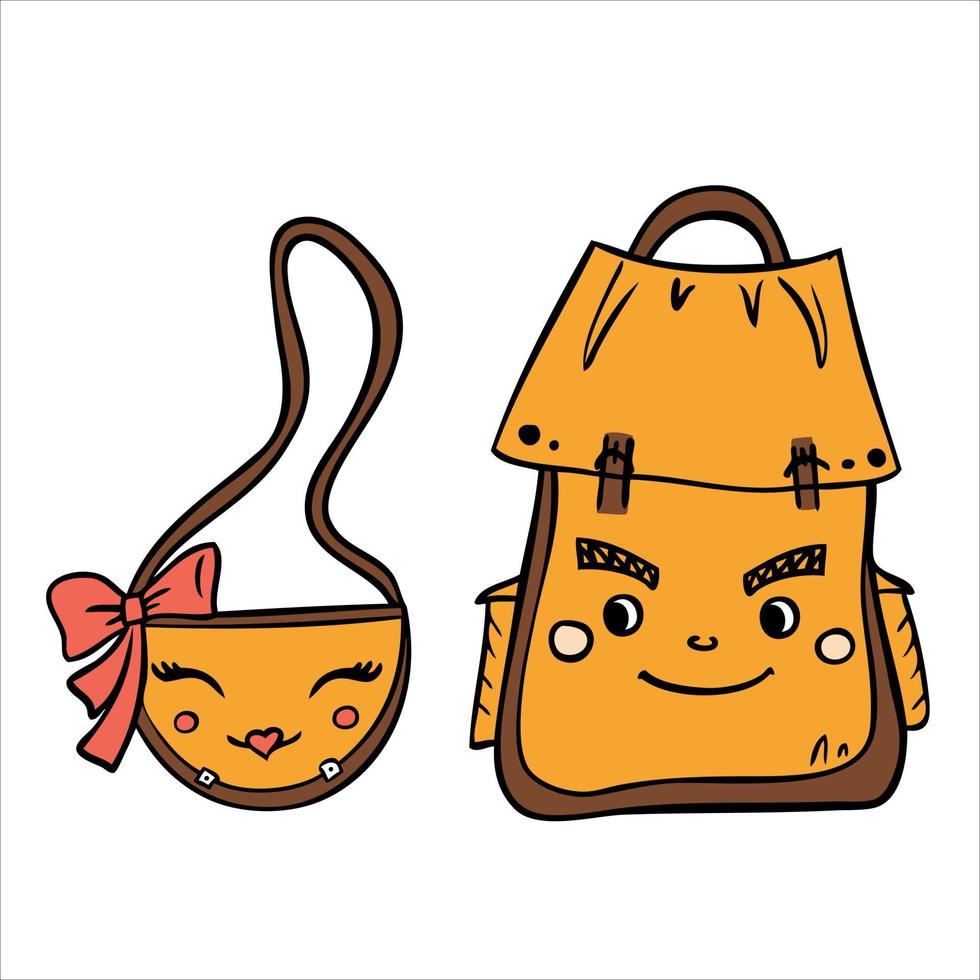 volante del día de san valentín, postal, pegatina con lindo bolso de mujer y mochila para hombre. ilustración vectorial de un par de bolsos para San Valentín sobre el amor. vector