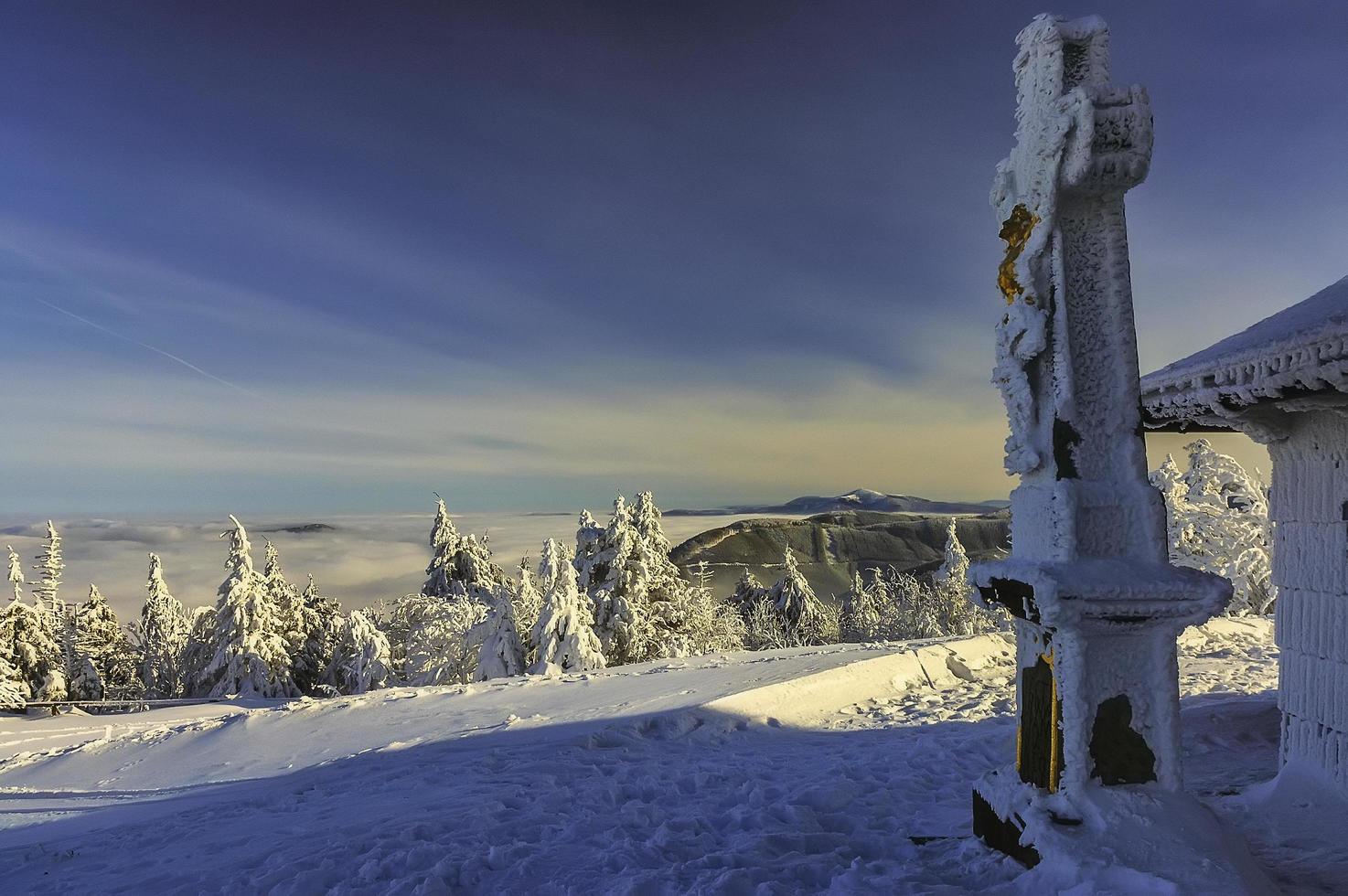 A view of the landscape from a wooden church photo