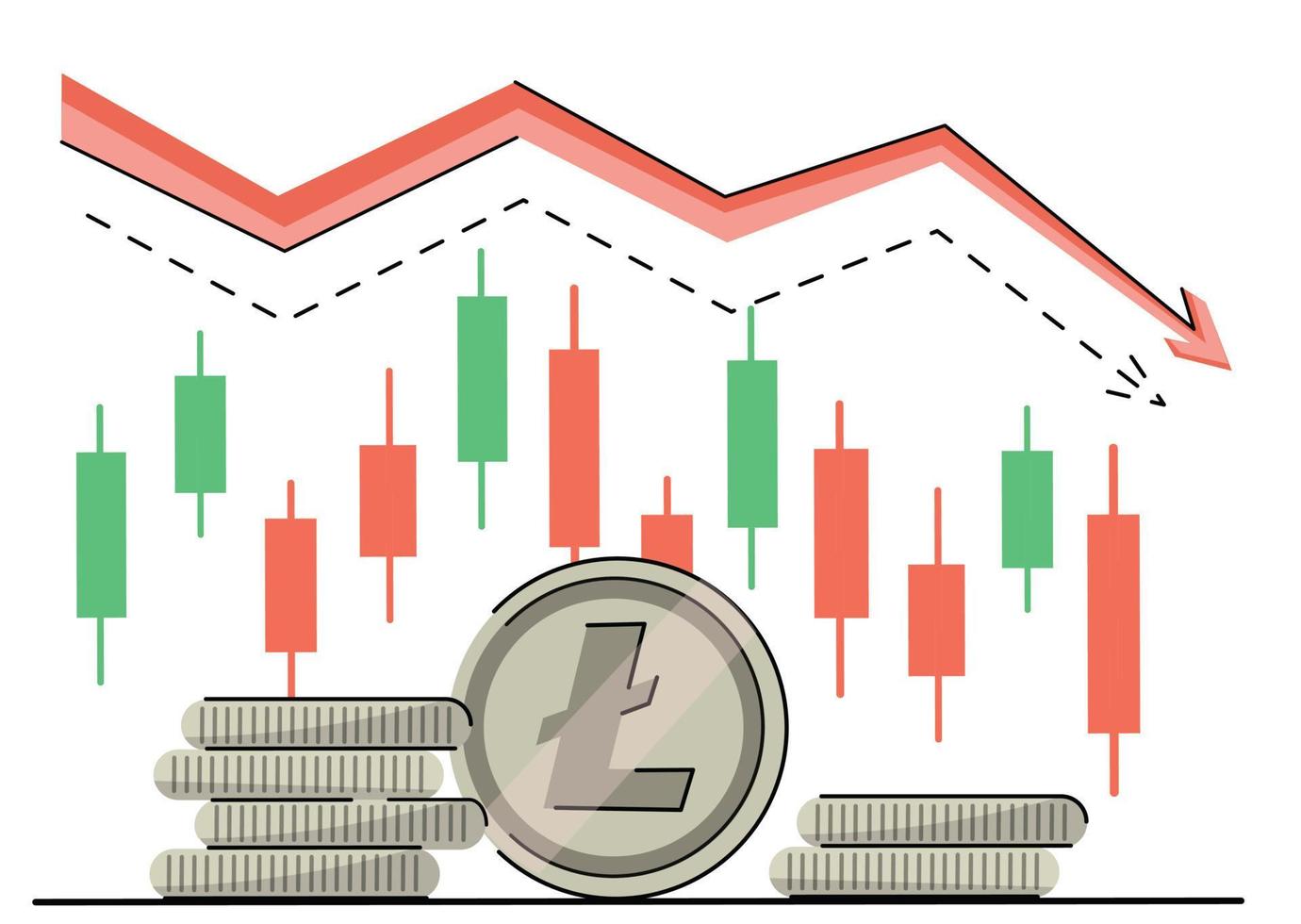 Litecoin coins falling. Bear red down arrow in the cryptocurrency market. bear market. crypto down trend.  japanese candles and logo SOL coin. vector isolated on white