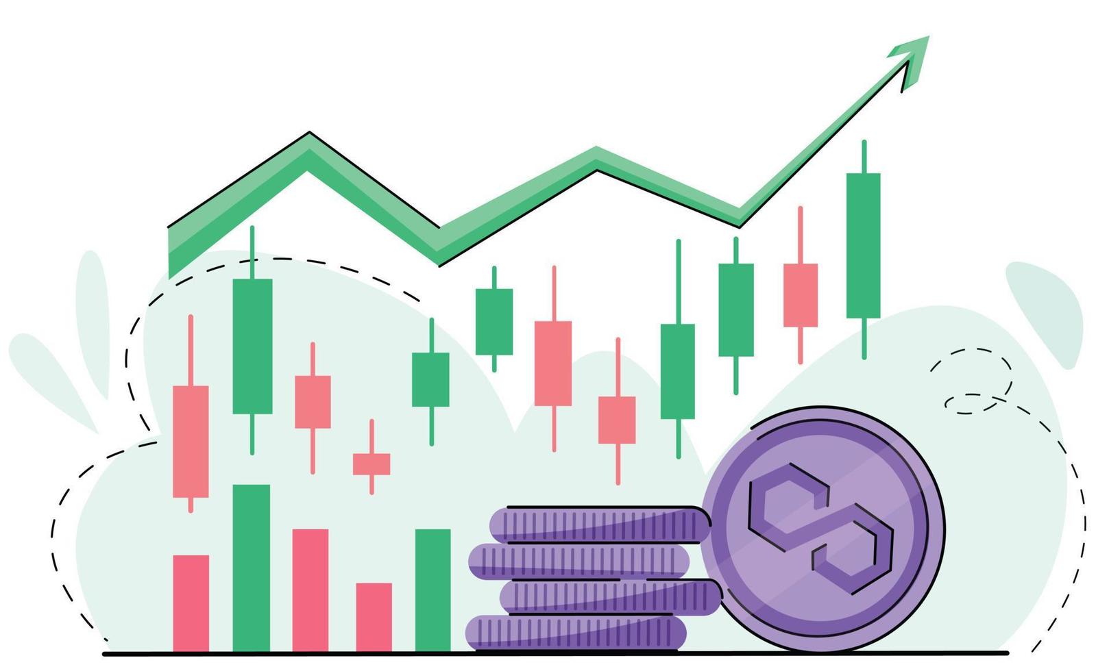 tendencia de crecimiento de monedas de polígono ola cripto alcista en el mercado de criptomonedas. aumento de precios, mercado alcista. buena tendencia de crecimiento. flecha verde y moneda con logo matic. vector aislado en blanco