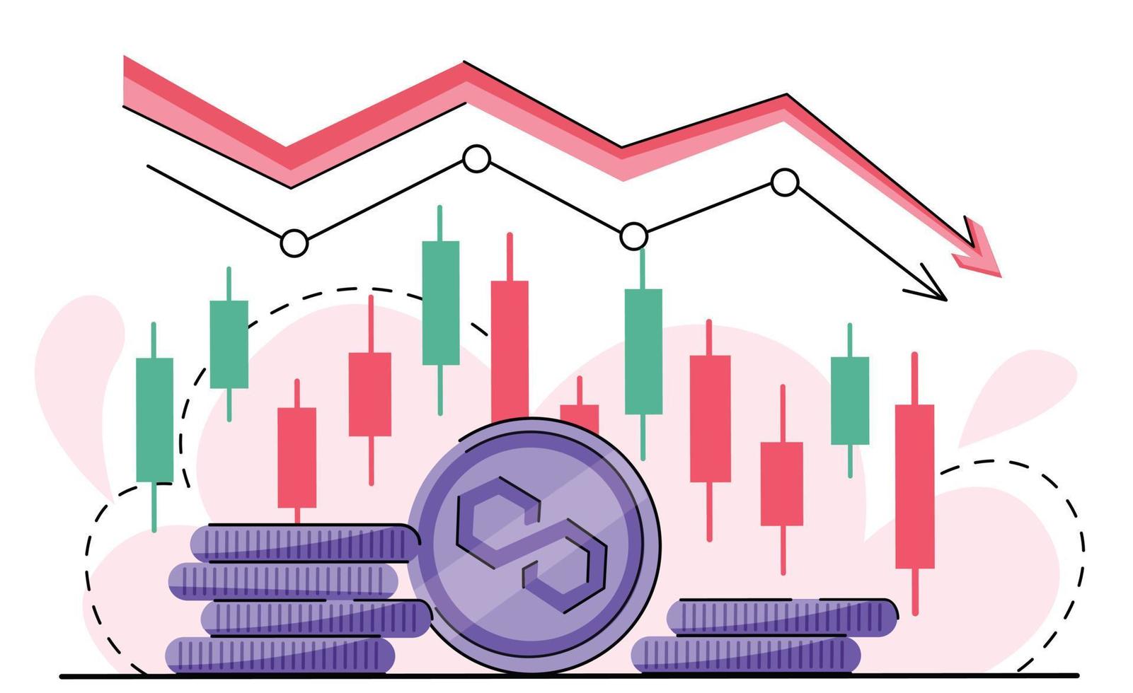 Polygon MATIC coins falling Bear red down arrow in the cryptocurrency market. bear market. crypto down trend.  japanese candles and logo matic coin. vector isolated on white