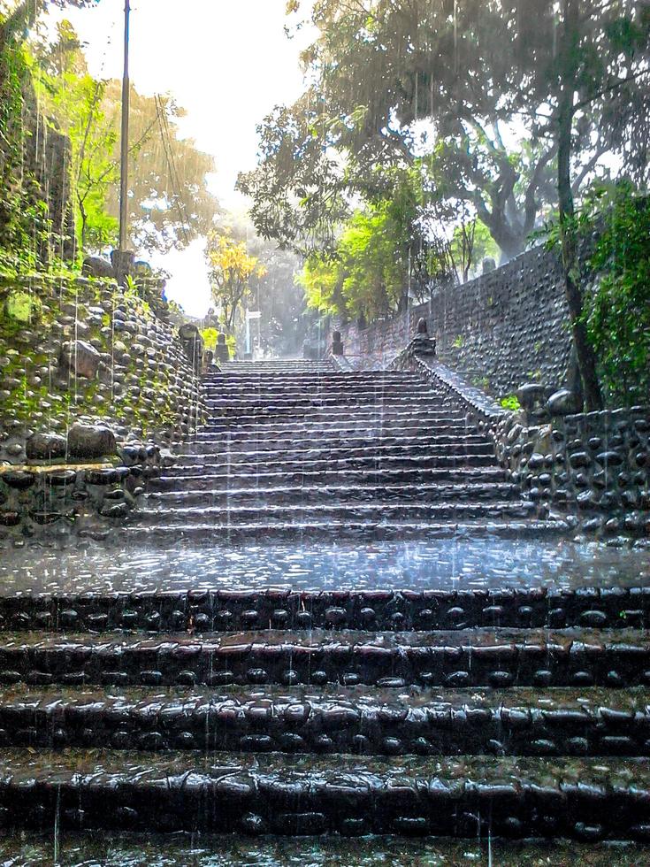 view of the rain falling on the stairs against the background of the trees photo