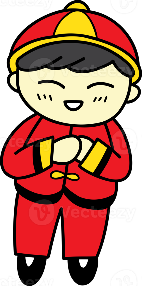 hand drawn Chinese boy in red dress illustration on transparent background png