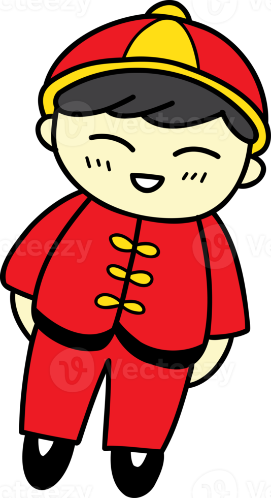 hand drawn Chinese boy in red dress illustration on transparent background png