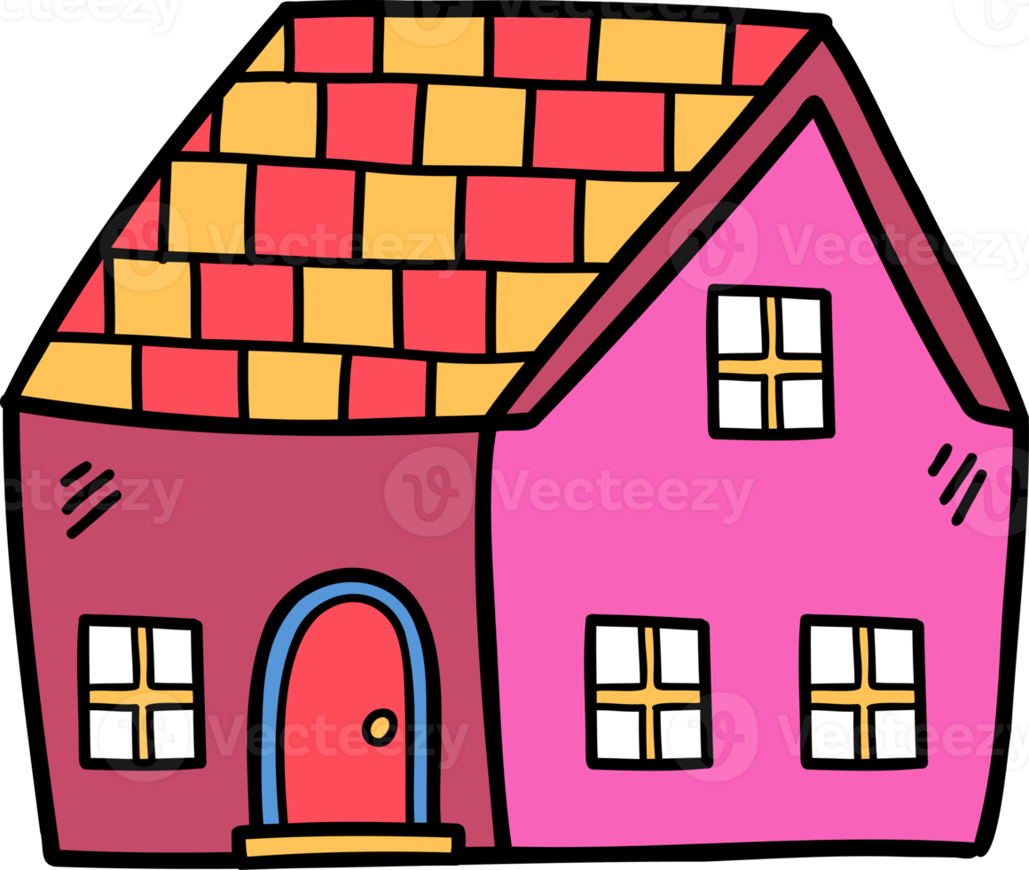 hand drawn cute two storey house illustration on transparent background