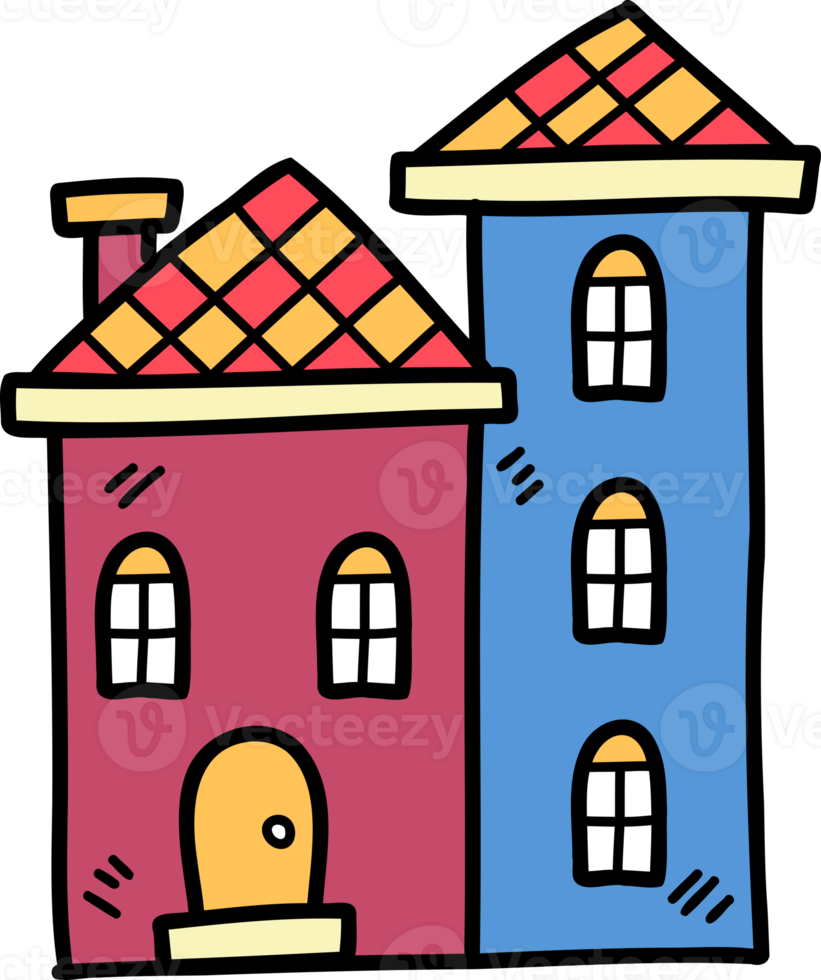 hand- getrokken schattig drie verdieping huis illustratie Aan transparant achtergrond png