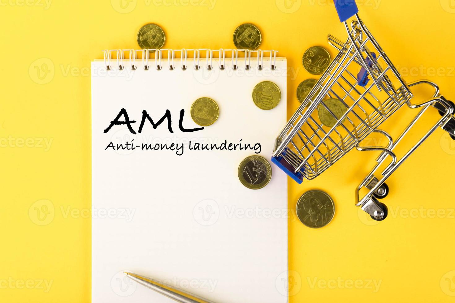 Abbreviation AML Anti Money Laundering, written on a notepad with coins and a shopping cart. photo