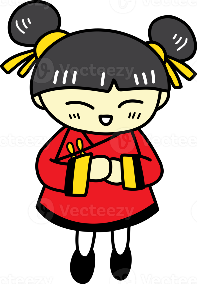 fille chinoise dessinée à la main avec illustration de chignon sur fond transparent png