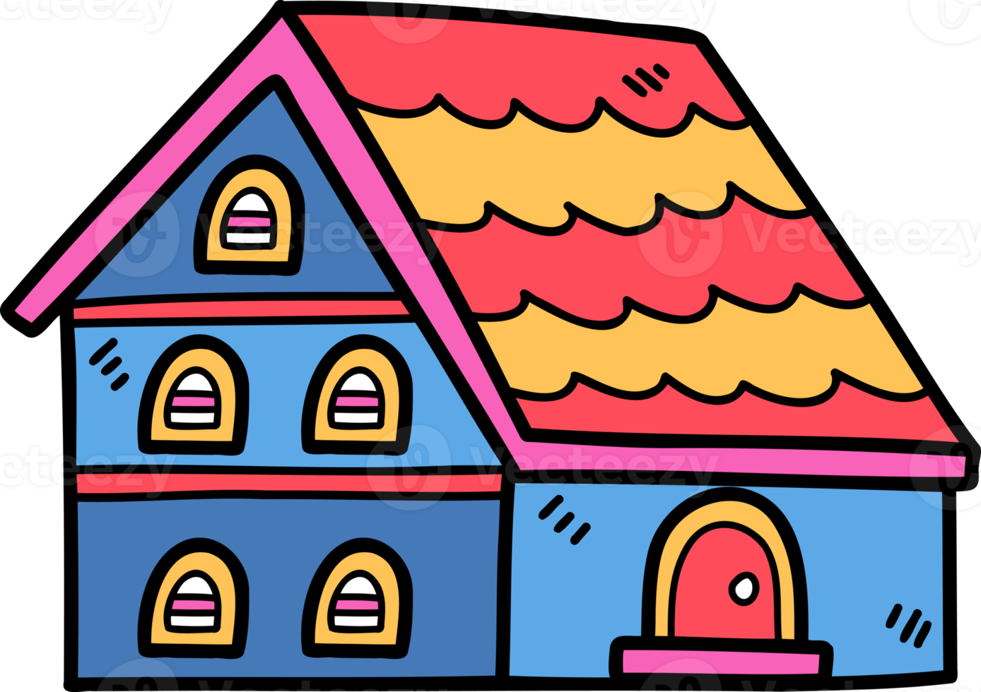 hand drawn cute three storey house illustration on transparent background png