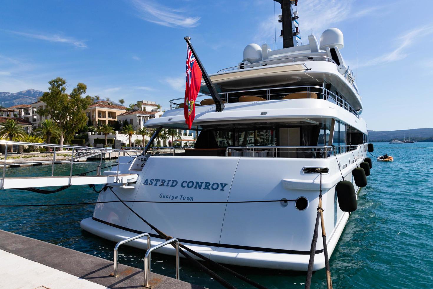 Tivat, Montenegro - October 20, 2020, Astrid Conroy, mega yacht, luxury class, stands in the marina. photo