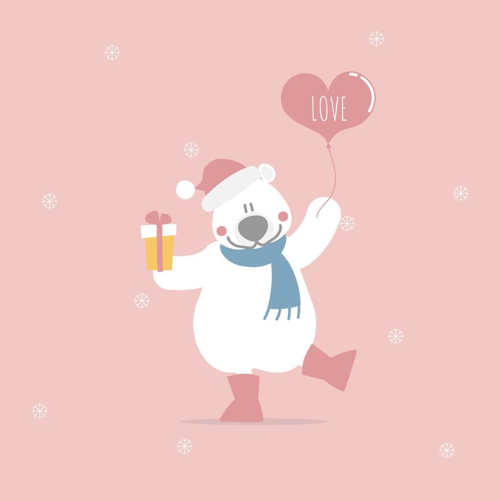 feliz navidad y feliz año nuevo con lindo y encantador oso dibujado a mano sosteniendo un globo de corazón y regalo presente, copo de nieve en fondo rosa, ilustración de vector plano diseño de vestuario de personaje de dibujos animados