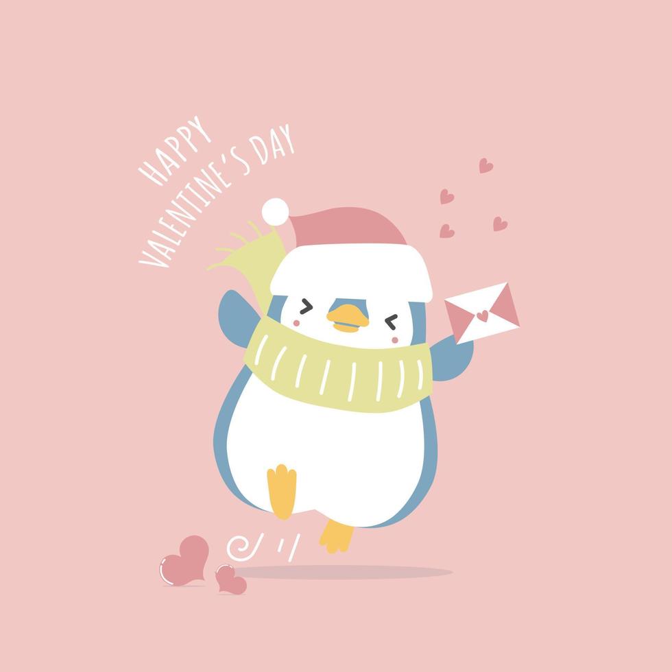 lindo y encantador pingüino dibujado a mano sosteniendo una carta de amor con el corazón, feliz día de San Valentín, concepto de amor, diseño de vestuario de personaje de dibujos animados de ilustración vectorial plana vector