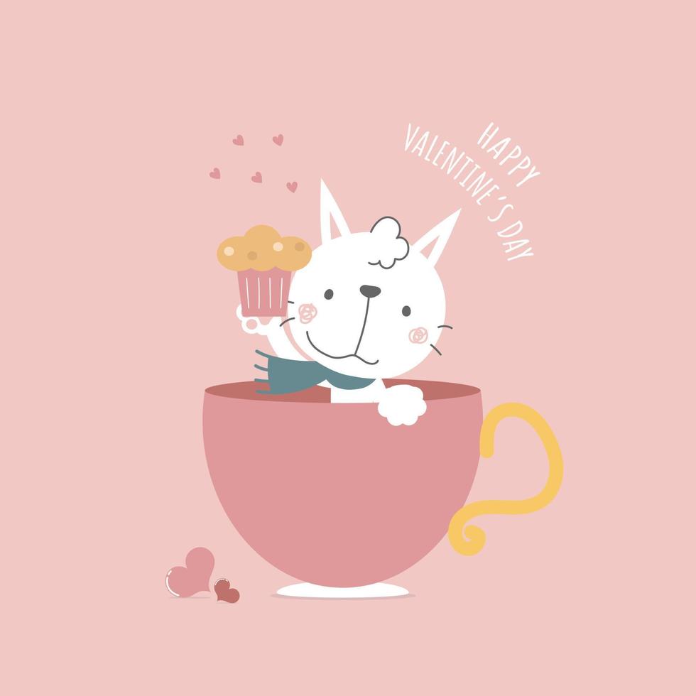 lindo y encantador gato dibujado a mano sosteniendo cupcake en taza con corazón, feliz día de San Valentín, cumpleaños, concepto de amor, diseño de personaje de dibujos animados de ilustración de vector plano aislado