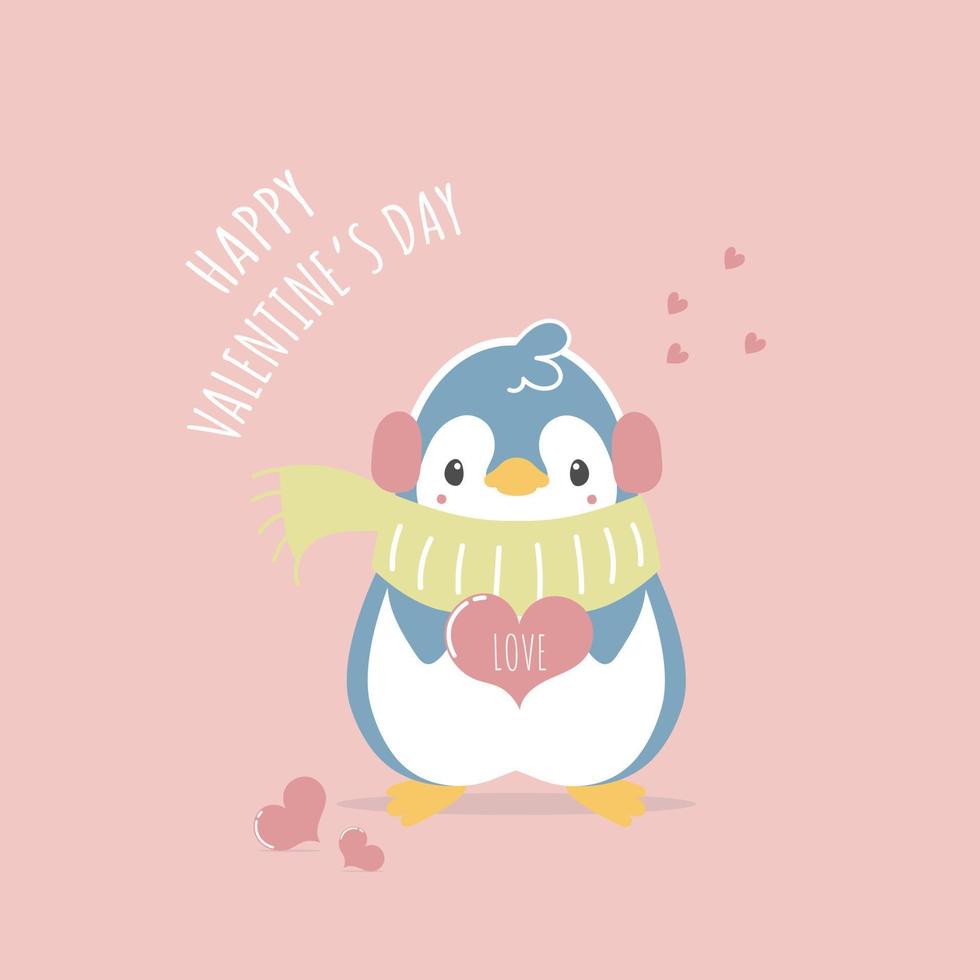 lindo y encantador pingüino dibujado a mano sosteniendo un globo de corazón, feliz día de San Valentín, concepto de amor, diseño de vestuario de personaje de dibujos animados de ilustración vectorial plana vector