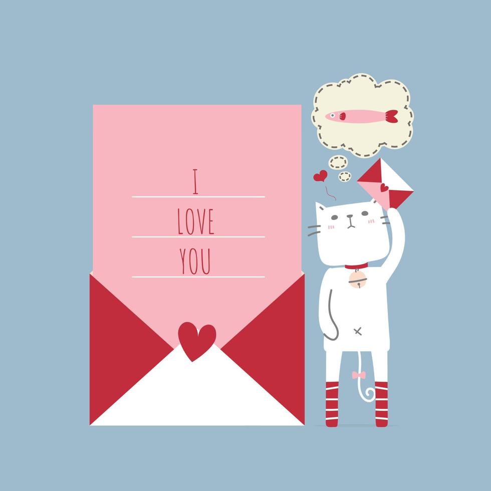 cute and lovely hand drawn cat holding love letter, thinking about fish with heart, happy valentine's day, love concept, flat vector illustration cartoon character costume design