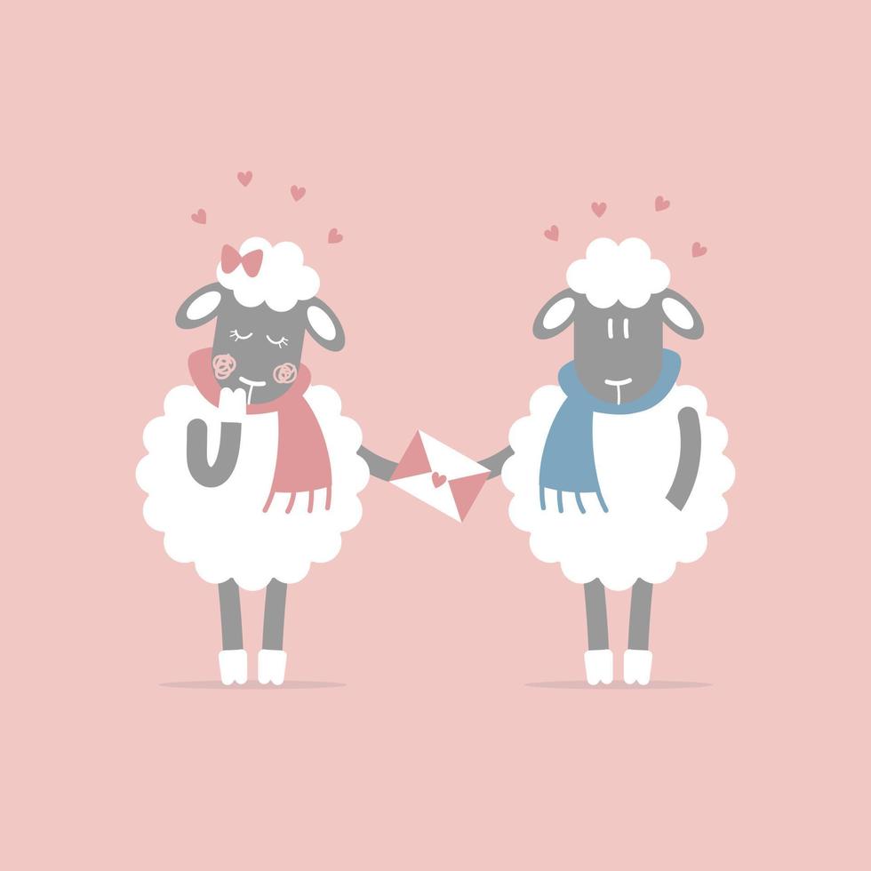 cute and lovely hand drawn couple sheep holding love letter with heart, happy valentine's day, birthday, love concept, flat vector illustration cartoon character design isolated