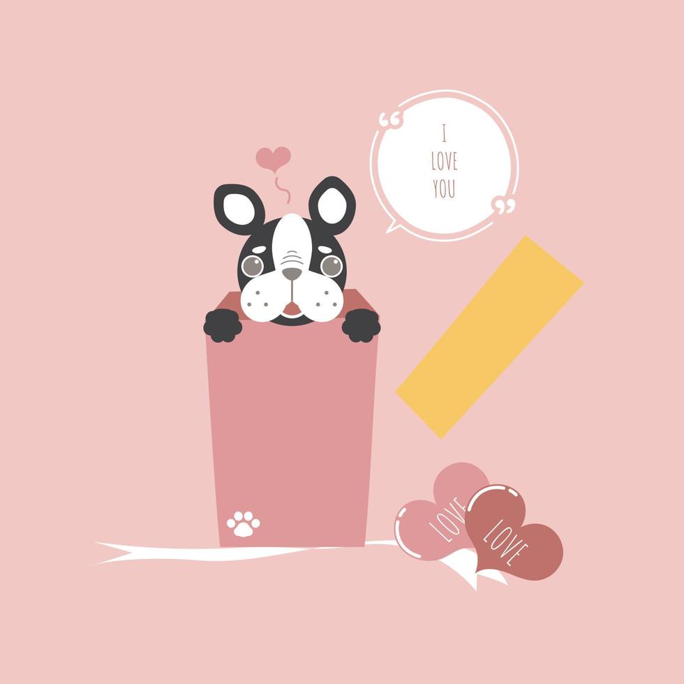 lindo y adorable bulldog francés dibujado a mano en una caja de regalo presente con corazón, feliz día de San Valentín, cumpleaños, concepto de amor, diseño de vestuario de personaje de dibujos animados de ilustración vectorial plana vector