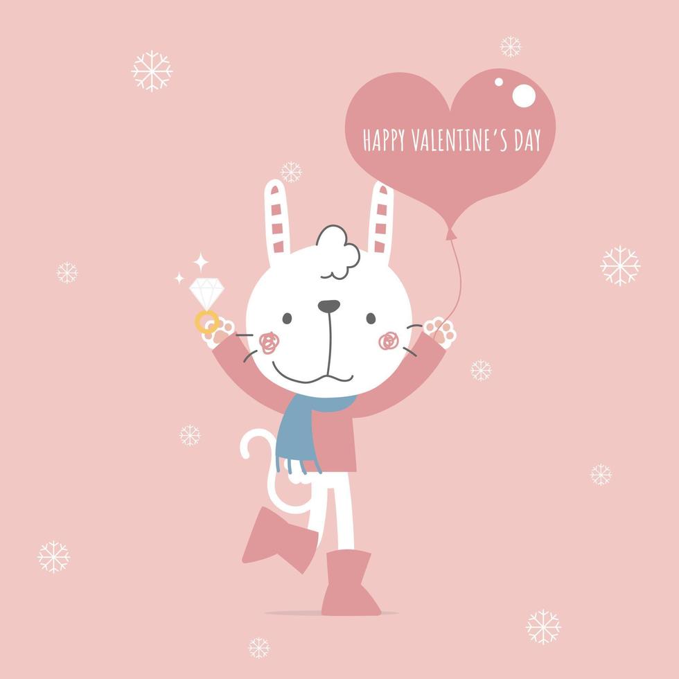 lindo y encantador conejito dibujado a mano sosteniendo globo y anillo de corazón, feliz día de San Valentín, concepto de amor, diseño de vestuario de personaje de dibujos animados de ilustración vectorial plana vector