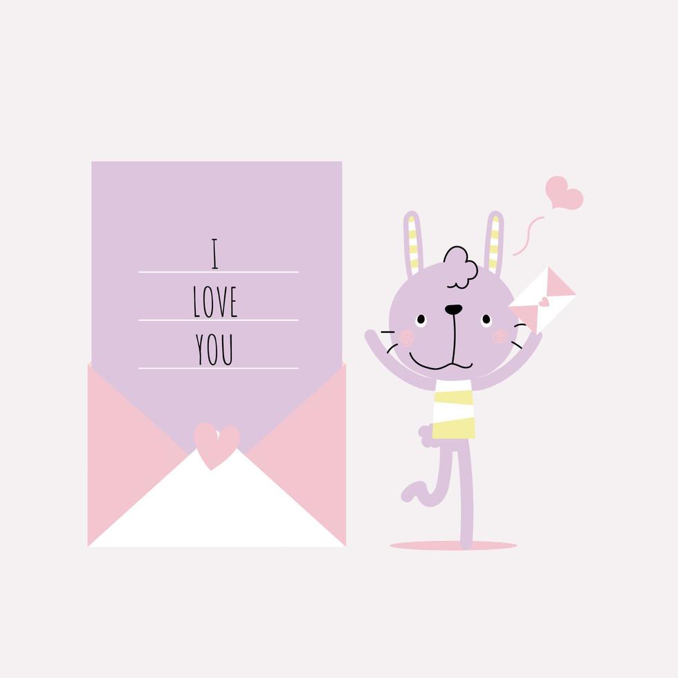 lindo y encantador conejito de conejo dibujado a mano sosteniendo una carta de amor con corazón, feliz día de San Valentín, concepto de amor, diseño de vestuario de personaje de dibujos animados de ilustración vectorial plana vector