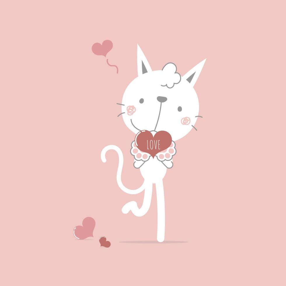 lindo y encantador gato dibujado a mano con corazón, feliz día de San Valentín, cumpleaños, concepto de amor, diseño de personaje de dibujos animados de ilustración vectorial plana aislado vector