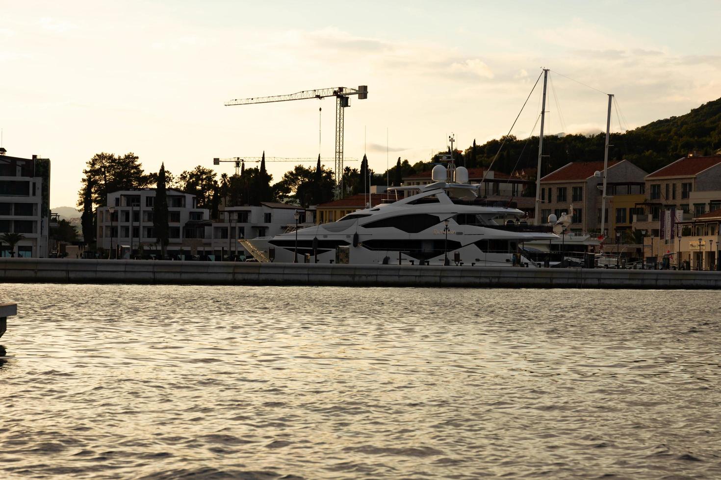 Tivat, Montenegro - October 20, 2020, luxury mega yacht Elysium docks in the marina. photo