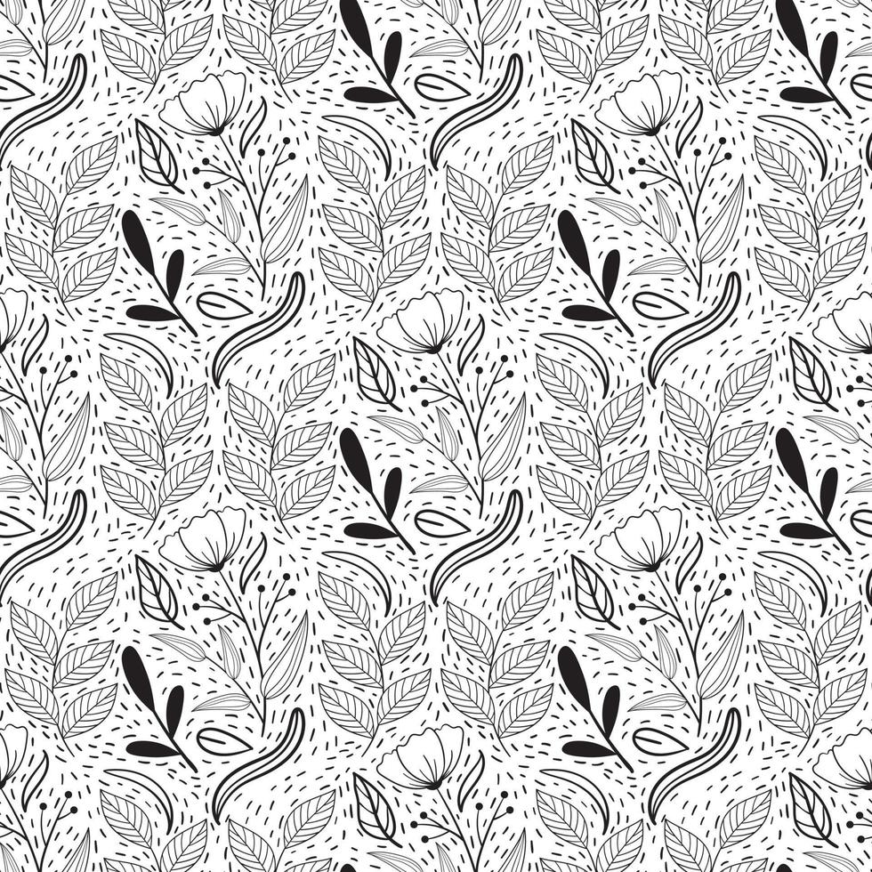 Floral seamless pattern in black and white line style with damask tile motif. Doodle flowers textile print. Vintage nature graphic. Flower with berries and leaves vector