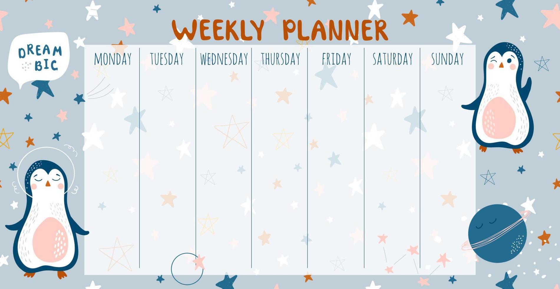 Vector weekly planner for children. Schedule design template. Cosmic theme background.