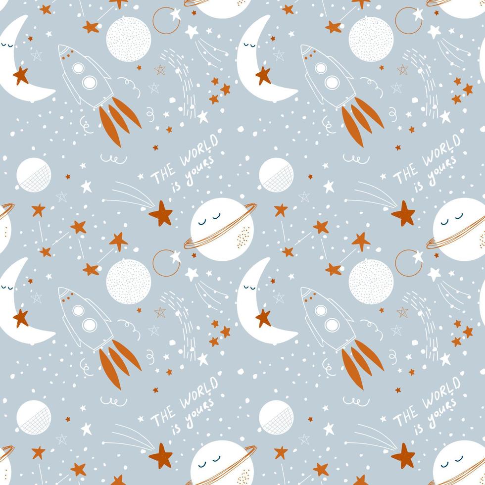 Vector seamless pattern with stars, rockets and planets. Cute baby space background in simple hand drawn Scandinavian style. Good for decorating nursery, baby clothes, baby shower decor.