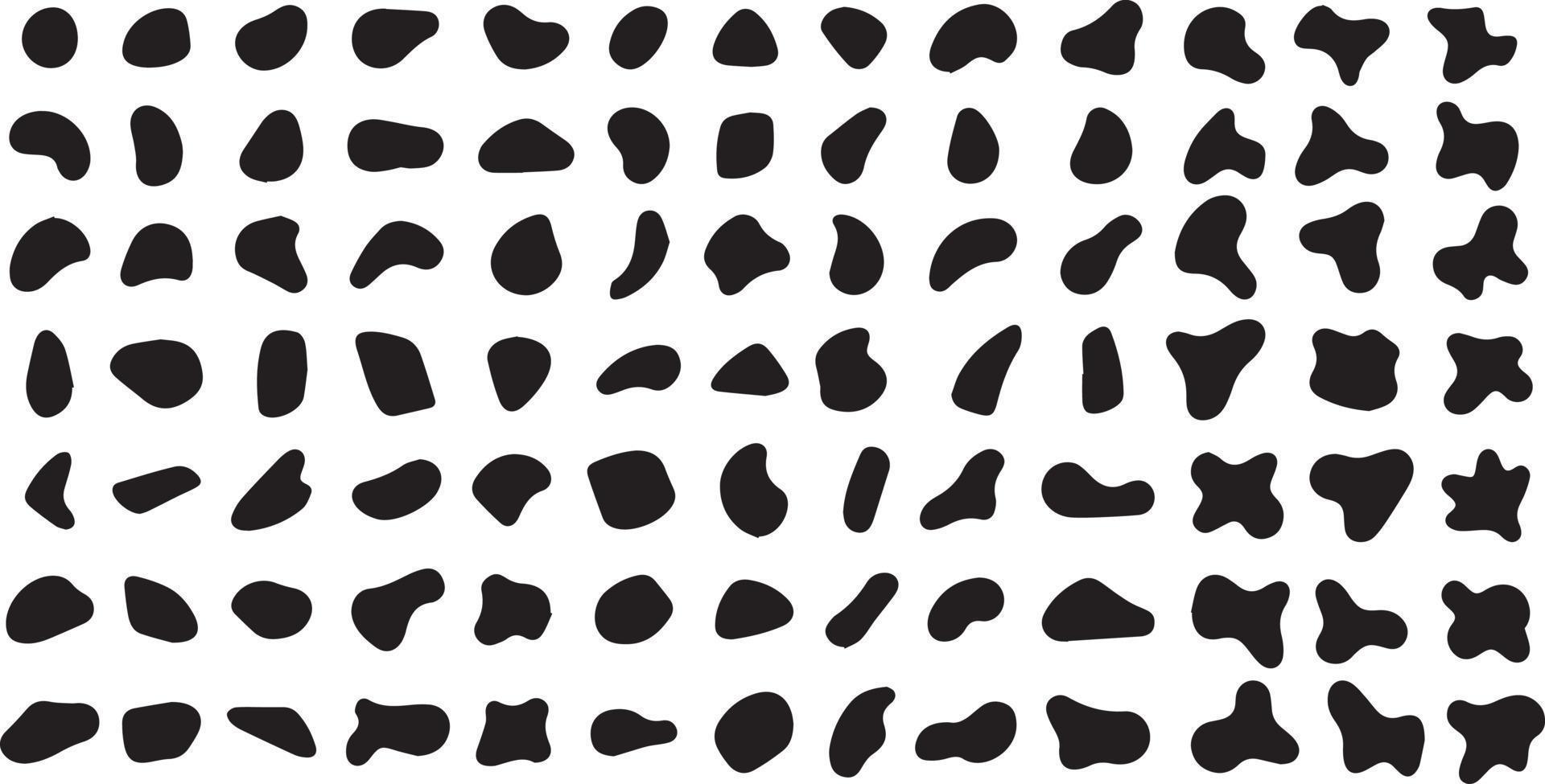 Random shapes. Black blobs, round abstract organic shape collection. Pebble, drops and stone silhouettes. Blotch, inkblot texture vector set. Rounded spot or speck of irregular form