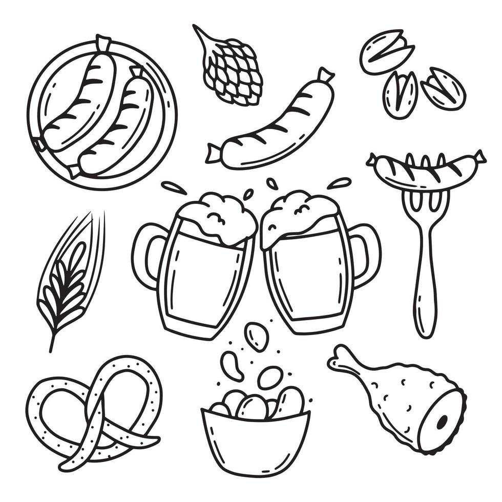 Vector set of beer and beer snacks. Collection for Oktoberfest. Beer set. pistachios, sausage, hops, wheat, chips, pretzel. Doodle style.