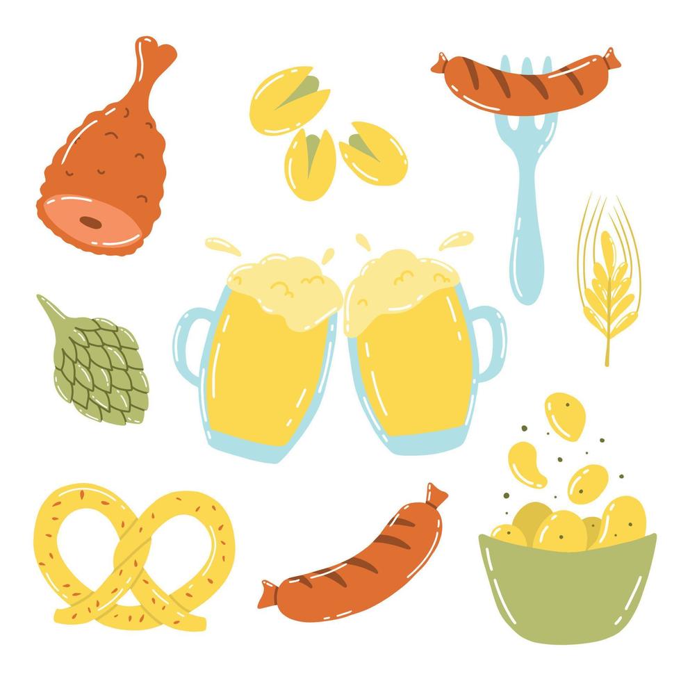 Vector set of beer and beer snacks. Collection for Oktoberfest. Beer set. pistachios, sausage, hops, wheat, chips, pretzel.