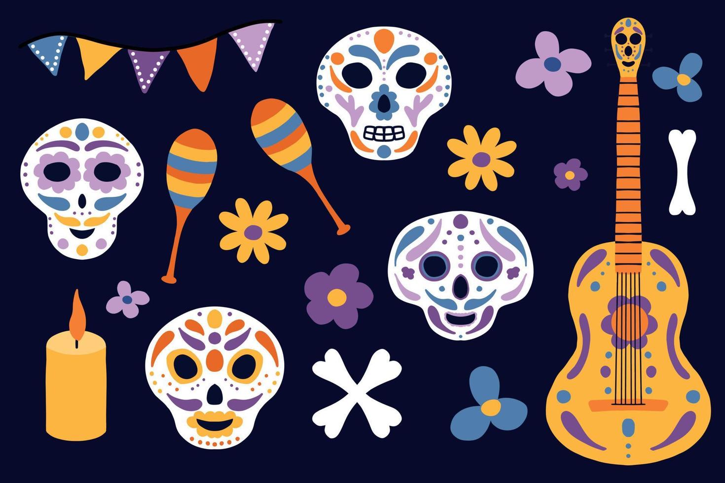 día de los muertos establecidos. día de los muertos en México. ilustración vectorial colección de calaveras, maracas, guitarra, huesos. vector