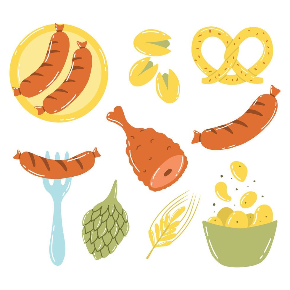 conjunto de bocadillos de cerveza. conjunto de oktoberfest. ilustración vectorial estilo dibujado. salchichas, lúpulo, patatas fritas, pretzel y pistachos. vector