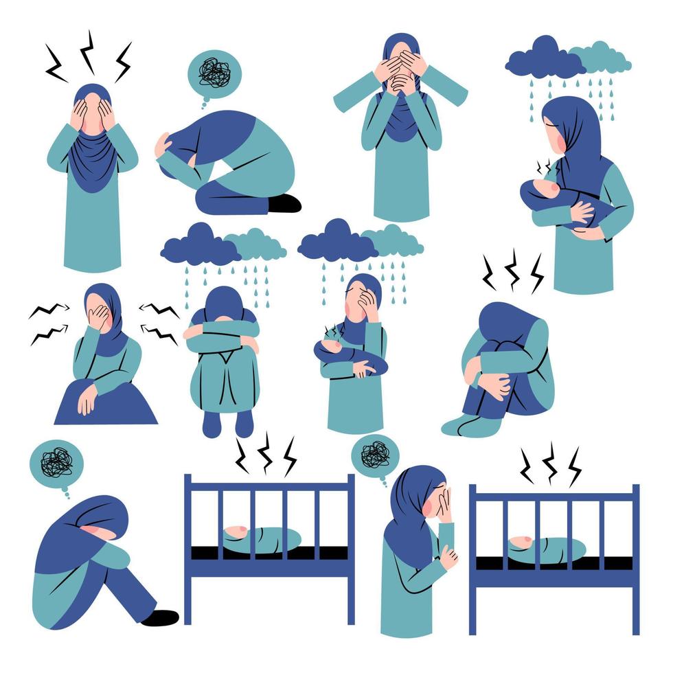 Set of Hijab Woman Character Suffering Mental Health vector