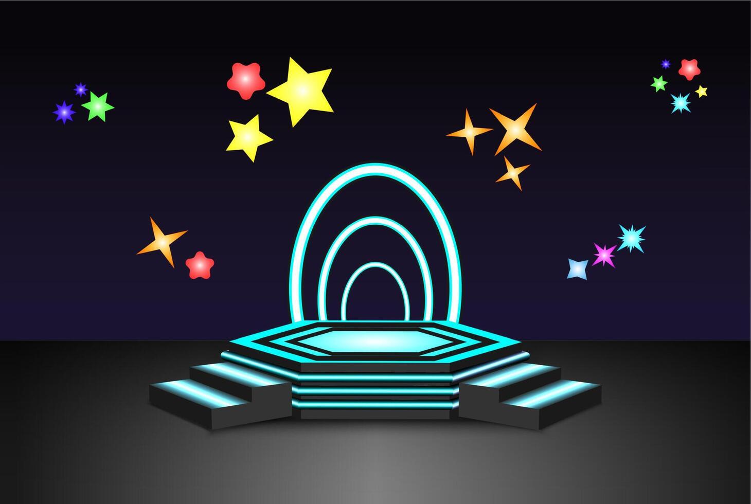 modern podium, hexagon shape and stairs, black stage shining with light tosca color, decorated with various colorful star shapes, flat style 3d vector illustration