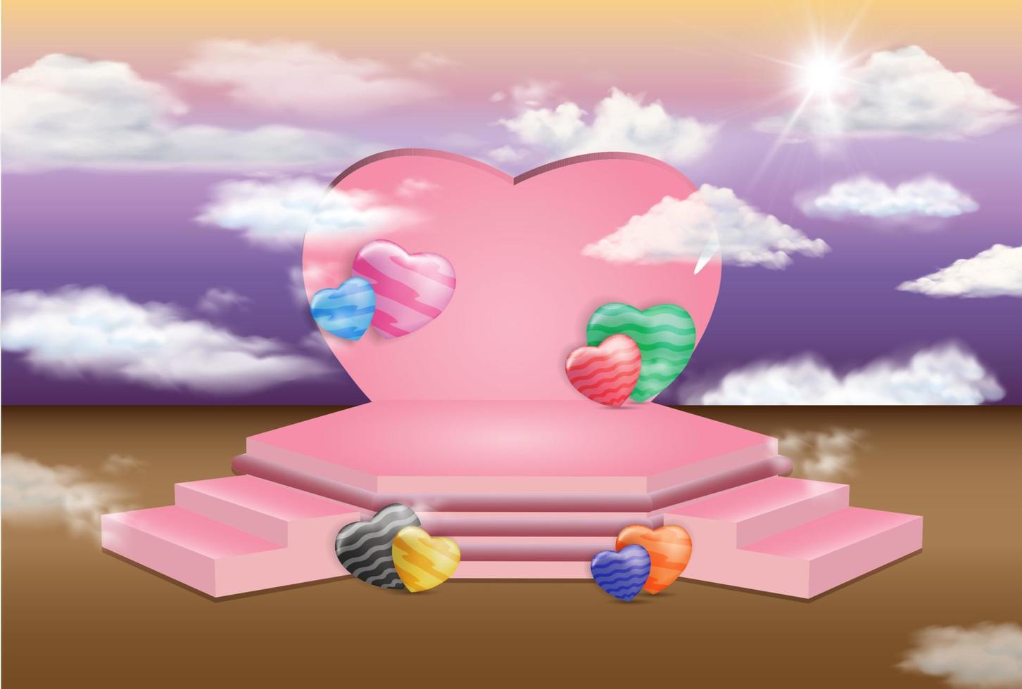 podio moderno, forma hexagonal y escaleras, escenario rosa decorado con amor, forma de nube y sol, concepto matizado romántico y natural, ilustración vectorial 3d de estilo plano vector