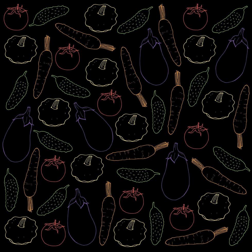 Seamless pattern with colored vegetables on black background. Endless background for your design. Cucumber, tomato, carrot, eggplant, bush pumpkin. Vector image.