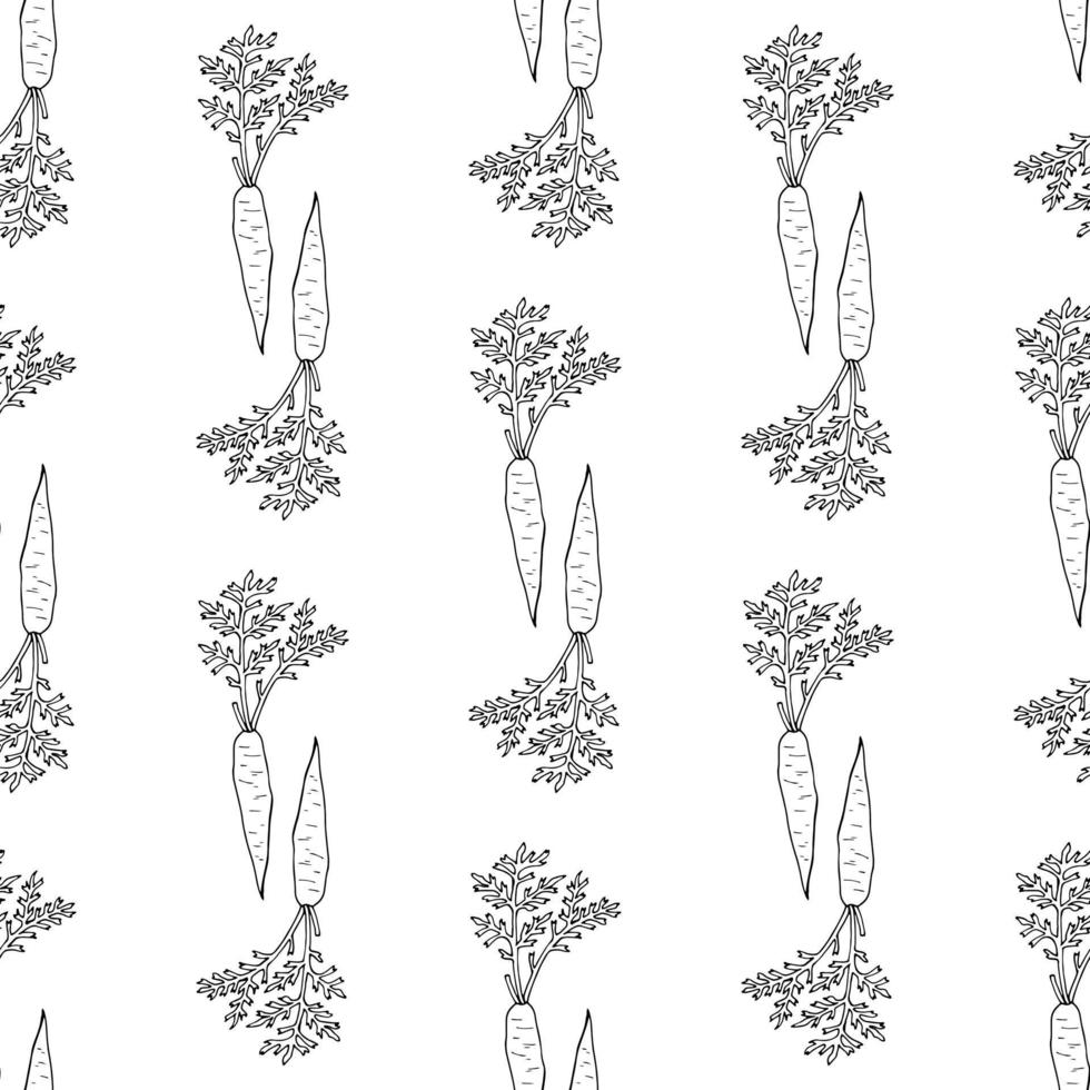 Seamless pattern with cozy black-and-white carrots on white background for fabric, textile, clothes, tablecloth and other things. Vector image.