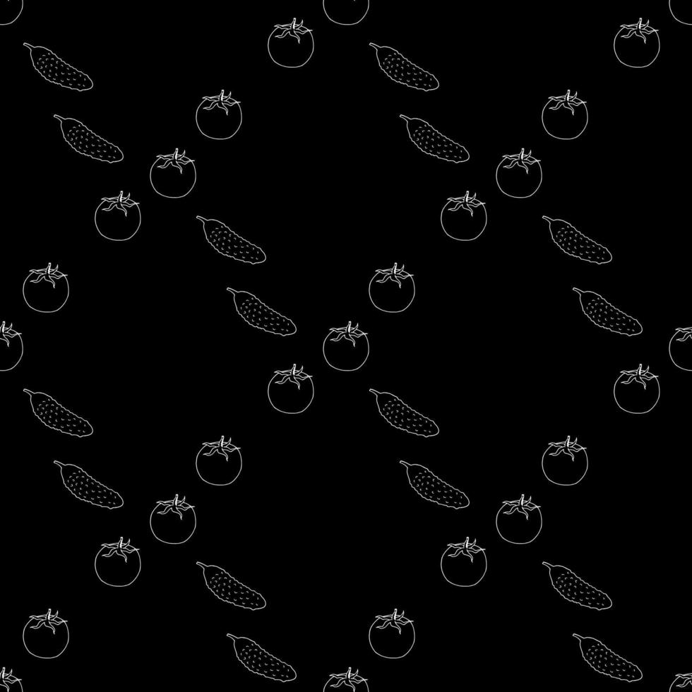 Seamless pattern with great  tomato and cucumbers on black background. Vector image.