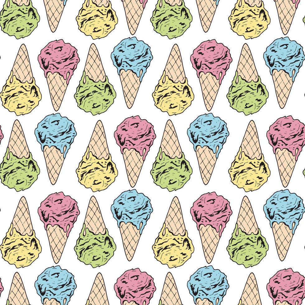 Seamless background with sweet big yellow, pink, green and blue ice cream cones. Endless pattern with colorful ice cream for your design. vector