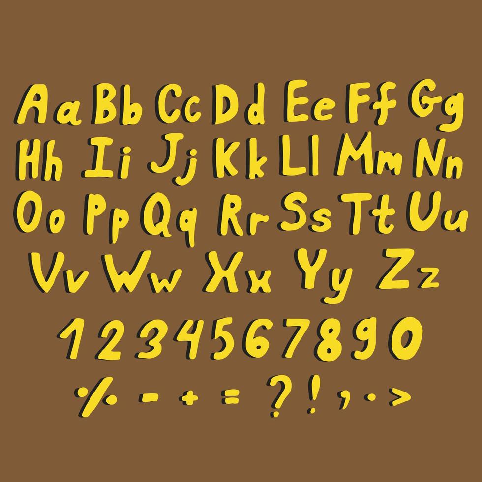 Yellow english alphabet on brown background. Vector image.