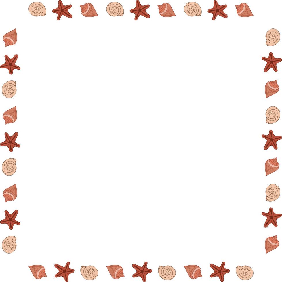 Square frame with creative sea shells on white background. Vector image.