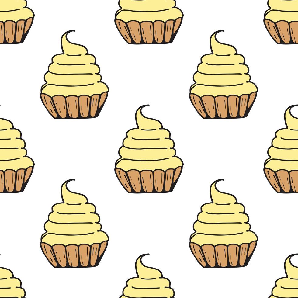 Seamless background with cakes baskets with yellow cream. Endless pattern on white background. Vector image. Sweet food.