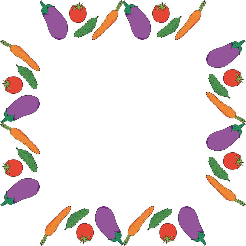 Square frame with colored eggplant, tomato, carrot and cucumber. Isolated frame for your design. vector