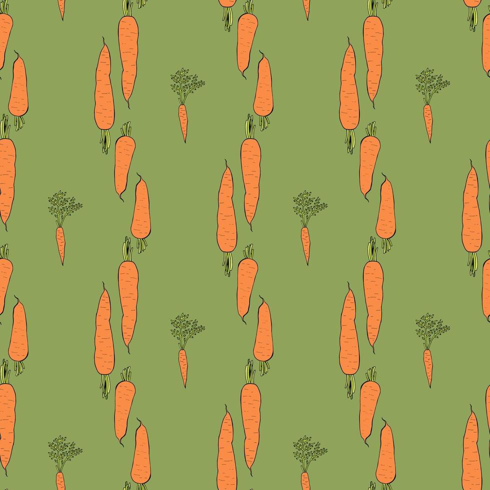 Seamless pattern with beautiful orange carrots on green background for fabric, textile, clothes, tablecloth and other things. Vector image.